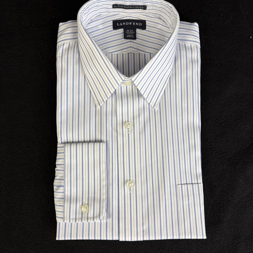Lands End Men NonIron Pinpoint Oxford Button Down Stripe Shirt 16/37 TALL Supima